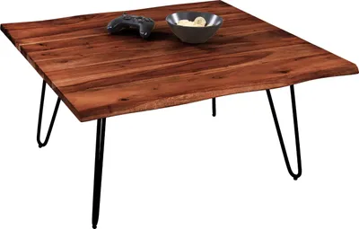 Produktbild von Couchtisch Baumkante massiv Akazie nussbaum 90 x 90 Hairpin-Gestell schwarz NOAH