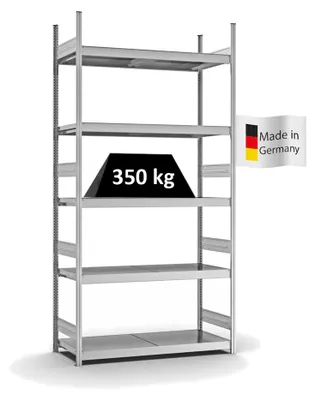 Produktbild von PROREGAL Weitspannregal Stecksystem MAGNUS  Germany | HxBxT 300x150x50cm | 5 Ebenen | Stahlplatten-Fachboden | Fachlast 350kg | Verzinkt