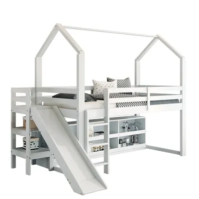 Produktbild von Kinderbett,Einzelbett, 90*200 cm,Multifunktionales Kinderbett ,Mit Rutsche,Treppen, Schließfach,Regal,Massivholz+MDF,Weiß