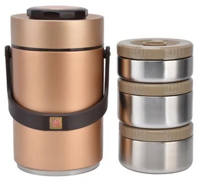 Produktbild von 2,3 l Vakuum-Lunchbox aus 304 Edelstahl, 3 Schichten verhindern Auslaufen, isolierter Lebensmittelbehälter für Arbeit, Reisen, Gold