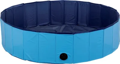 A blue and dark blue foldable dog pool is shown against a white background.