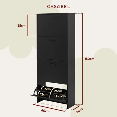 Produktbild von CASABEL Schuhschrank Schmal für 24 Paar Schuhe, Moderner Schuhschrank Holz mit 4 Klappen, Platzsparender Organizer für Flur und Diele, L60xT24xH150 cm, Schwarz
