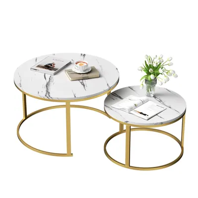 Produktbild von Couchtisch 2er Set mit Metallgestell Ø(80+60)cm Rund Kaffeetisch Wohnzimmertisch Kaffeetisch Sofatisch Beistelltisch Satztisch, Gold