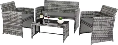 Produktbild von Rattan Gartenmöbelset – 4-teilig – 3-Sitzer Bank, Einzelstühle & Glastisch – Mit 5cm Kissen – Für Balkon, Terrasse & Garten – Grau