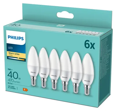 Obrázek produktu pro Philips 6× svíčka 40 W B35 E14, 4,9 W, 40 W, E14, 470 lm, 15000 h, Teplá bílá