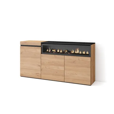 Produktbild von Sideboard, Highboard, 150x35x75cm, 3 Türen, Elektrokamin. farbe Eiche Schwarz
