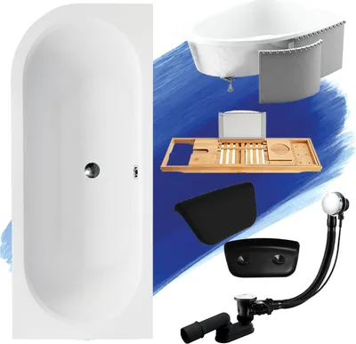 Produktbild von Badewanne Eckwanne Set 5in1 150x75 Rechts + Ablaufgarnitur und Füßen GRATIS + Styropor + Bambus Holzablage + Kopfstütze in Schwarz | BADLAND AVITA