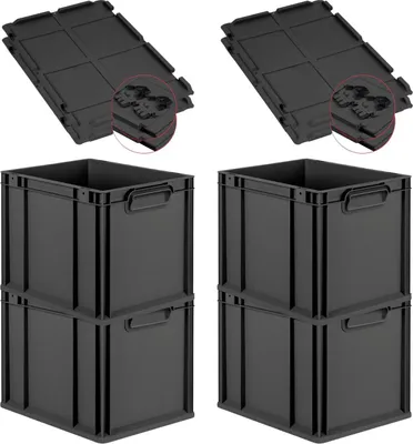 Produktbild von SuperSparSet 4x Eurobox NextGen Grip mit Scharnierdeckel und schwarzen Schiebeschnappverschlüssen | HxBxT 32x30x40cm | 30 Liter | Schwarz | Griffe geschlossen | Eurobehälter, Transportbox, Transportbehälter, Stapelbehälter