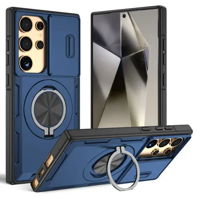 Produktbild von Magnetische Hülle für Samsung Galaxy S24 Ultra, Militär Stoßfest Handyhülle mit Kameraschutz und Ringhalter Ständer Blau