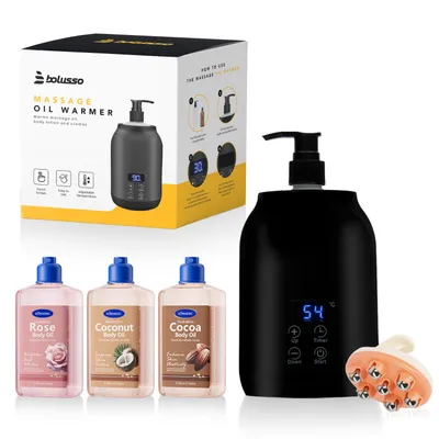 Zdjęcie produktu dla Zestaw podgrzewacza do olejków do masażu Bolusso zawierający 3 olejki do ciała (kokosowy, różany, kakaowy), 2 dozowniki i narzędzie Gua Sha – regulowana temperatura w zakresie 30–65°C do relaksującego masażu