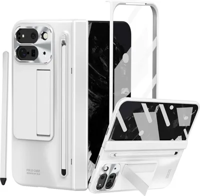 Produktbild von Handyhülle für Google Pixel 9 Pro Fold mit S Pen und Stiftablage, Displayschutzfolie, Scharnierschutz, Stoßfest Ständer Schutzhülle Weiß