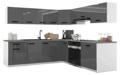 Image de Belini - Coin cuisine moderne ITALIA 7 - Meubles de cuisine 420 cm, gris brillant - Cuisine équipée avec éléments hauts, éléments bas et plans de travail