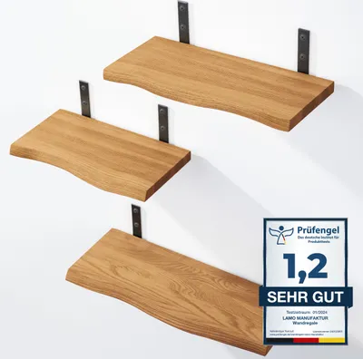 Produktbild von LAMO Manufaktur 3 Stück Wandregal Holz 40/35/30cm | Schweberegal Massiv 100% Echtholz | Hängeregal für Wohnzimmer, Schlafzimmer, Küche, Büro, Badezimmer | Wandregale SET 1 Baumkante Farbe: Rustikal