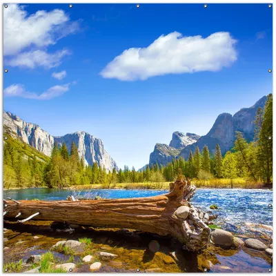 Produktbild von Wallario XXL Outdoor-Poster für Garten oder Balkon, Motiv Baumstamm im Fluss zwischen Bergen und Wäldern, in ca. 200 x 200 cm