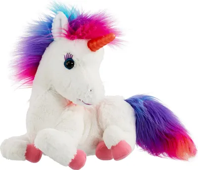 A plush unicorn toy with a rainbow mane and tail, sitting on a white background.