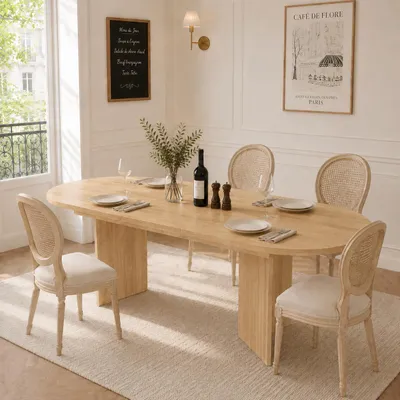 Immagine prodotto di Tavolo da pranzo STILVORA per 6-8 persone, con angoli arrotondati, tavolo allungabile con piano spesso, tavolo da pranzo in stile semplice, finitura noce