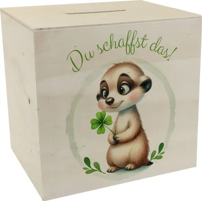 Produktbild von Erdmännchen mit Kleeblatt Spardose aus Holz mit Spruch Du schaffst das