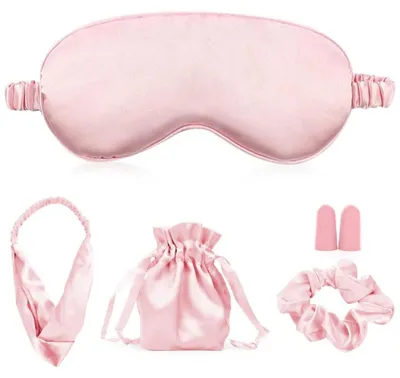 Produktbild von 5-teiliges Schlafmasken-Set, Damen-Schlafmaske, Seiden-Augenmaske, lichtundurchlässige Schlafmaske, Ohrstöpsel, Haargummi, Stirnband und Aufbewahrungsbeutel für Ruhe, Reisen und Schlaf (rosa)
