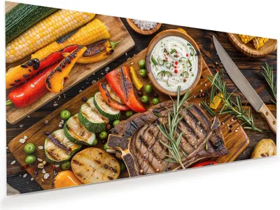 Produktbild von Glasbild 110x55cm in XXL für Wohnzimmer, Schlafzimmer Motiv Grillmahlzeit