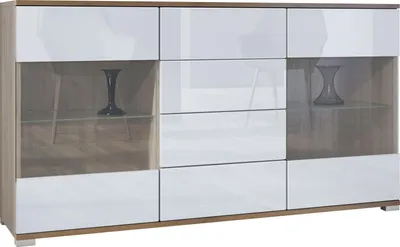Produktbild von Vladon Sideboard Bari V1, Kommode mit 2 großen Türen und 4 Schubladen, Eiche Evoke/Weiß Hochglanz (138,5 x 75,5 x 35)