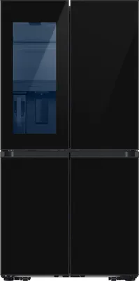 A front view of a black Samsung refrigerator with a glass door panel.