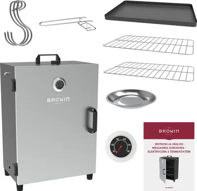 A collection of items related to an electric smoker, including the smoker itself, racks, a drip pan, hooks, a thermometer, and an instruction manual.