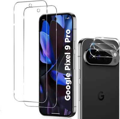 A product shot of screen protectors and camera lens protectors for a Google Pixel 9 Pro.