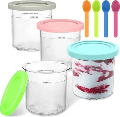 Produktbild von 4 Eisbecher für Eismaschine - Wiederverwendbare Polycarbonat-Becher mit Deckeln und Löffeln - Ideal für Selbstgemachtes Eis und Sorbet
