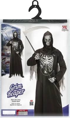 Product packaging for a Grim Reaper costume, showing a model wearing the costume and a smaller image of the costume on a background.