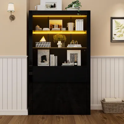 Immagine prodotto di Vetrina nera con illuminazione a LED, dimensioni 100x35x170 cm, mobile vetrina alto con ante in vetro e finitura lucida, ideale per il soggiorno