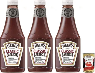 Produktbild von 3x Heinz Salsa Barbecue BBQ Sauce,Sauce mit Rauchigen Geschmack,875ml Squeeze Flasche + Italian Gourmet Polpa di Pomodoro 400g Dose