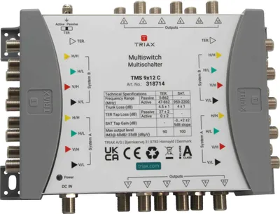 Produktbild von Triax 318714, 9 Eingänge, 12 Ausgänge, 950 - 2200 MHz, 47 - 862 MHz, 1.0, 2.0, 15 - 20 V