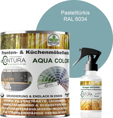 Produktbild von 750ml. + Anlauger - Contura Küchenmöbellack RAL Möbellack SEIDENMATT SET Möbelfarbe Holzlack Buntlack Küchenlack - RAL 6034 Pastelltürkis