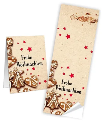 Produktbild von 100 Weihnachtsaufkleber FROHE WEIHNACHTEN Aufkleber Lebkuchen rot beige natur Plätzchen Sticker 5 x 14,8 cm selbstklebende Etiketten für Papiertüten Geschenktüten als Verpackung