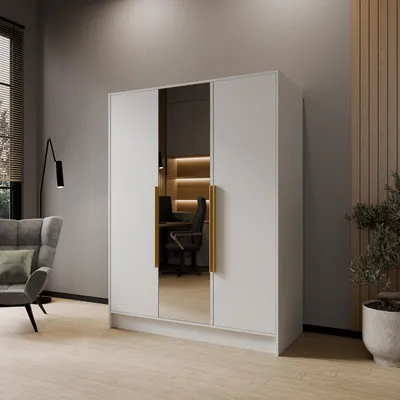 Produktbild von Drehtürenschrank LARO 150 cm Moderner Kleiderschrank mit Spiegel und glatten Türen, Weiß mit goldene Griffe