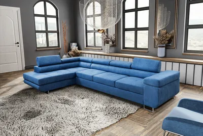 Image de MargaretHadas24 Canapé d'angle en L Marlene IV, 347x202, avec fonction couchage et coffre de rangement Canapé avec appuie-tête réglables Tissu velours côté gauche, bleu