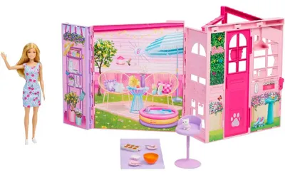 Produktbild von Barbie Wochenend-Haus, Puppenhaus-Spielset mit Puppe, 10 Zubehörteile, 4 Spielbereiche und Kätzchen, 3 Jahr(e)