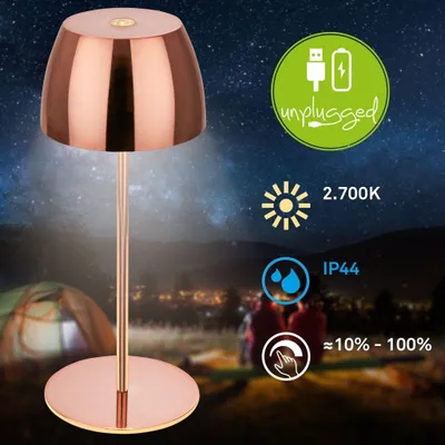 Immagine prodotto di Briloner Serina Mini lampada da tavolo LED senza fili IP44, dimmerabile, touch, protezione dagli spruzzi d'acqua, batteria ricaricabile, rame, Ø8 x 20 cm