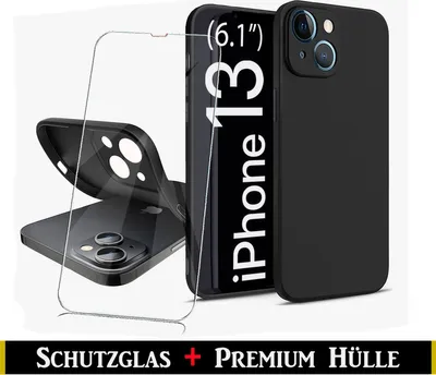 A black iPhone 13 case and screen protector are displayed against a white background.