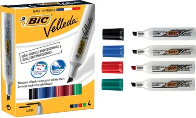 Obrázek produktu pro BIC Velleda 1781, 4 kusů, Černá, Modrá, Zelená, Červená, Rozšířený hrot, Vícebarevný, Kov, Obdélník
