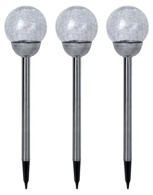 Immagine prodotto di 3 lampade solari a LED, acciaio inossidabile argentato, sfera in vetro soffiato, altezza 56 cm