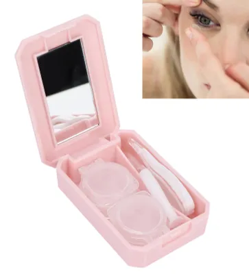 Produktbild von Kontaktlinsenbehälter mit Cartoon-Muster, Kosmetik-Kontaktlinsenbox, Pinzette, Stift-Set, rosa