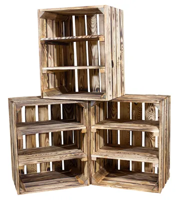 Produktbild von 4er Set geflammte/braune Holzkiste mit 2 Böden Quer 50cm x 40cm x 30cm Regal Holzregal Weinkiste Obstkiste Kiste