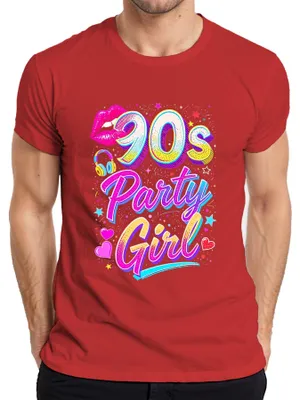 Zdjęcie produktu dla Koszulka męska w stylu retro z lat 90. z motywem „90s Party Girl”, neonowymi ustami, sercami i gwiazdkami, kolor czerwony, rozmiar L