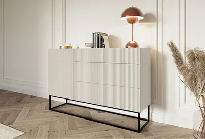 Produktbild von Selsey Sideboard Veldio, graubeige, Metallgestell, minimalistisch modern, 140x90x38 cm (BxHxT), geriffelte Front, Push-to-Open