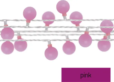 LED světelný cherry řetěz – kuličky 2,5 cm, 4 m, venkovní i vnitřní, růžová, časovač