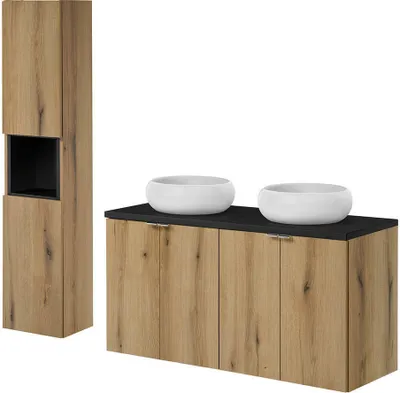 Image de Ensemble de meubles de salle de bains « Skelbolu » 2 pièces : meuble-lavabo 120 x 57 x 39 cm avec vasque et armoire haute, aspect chêne/noir
