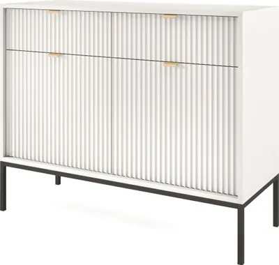 Produktbild von Glamour Kommode mit gefräster Front Celin Kommodenschrank mit Schubladen und 2 Türen 100 cm breit Sideboard für Wohnzimmer, Farbe: Weiß