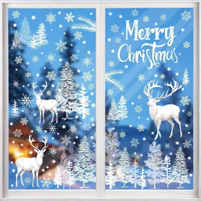 Immagine prodotto di 9 decorazioni natalizie per finestre in PVC, con immagini di Babbo Natale, fiocchi di neve e renne