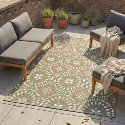 Produktbild von Volero - Outdoor Teppich - Ranch Mandala Grün - 160x230 cm - Wohnzimmer, Esszimmer, Balkon, Garten, Terrasse - Boho, Retro